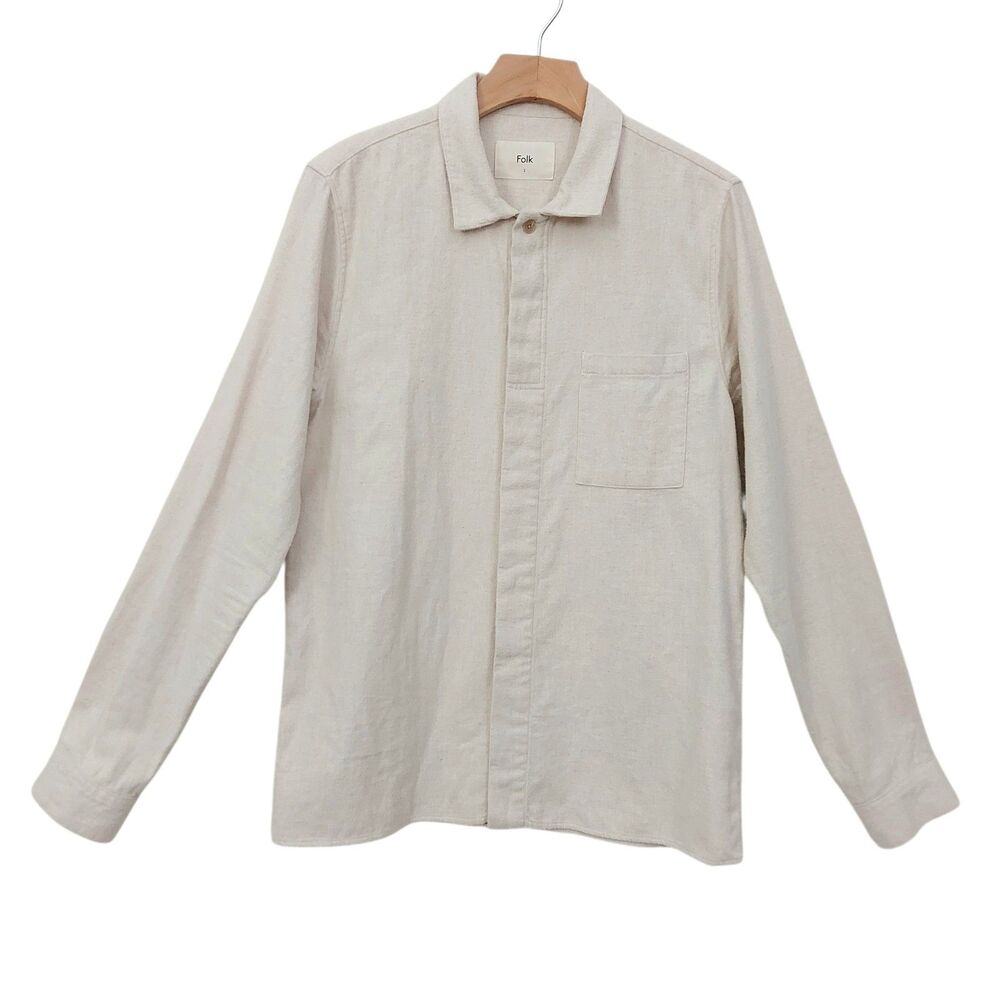 Folk Flannel Shirt Mens Small 2 Beige Cotton Long Sleeve ButtonSoft Minimalist
